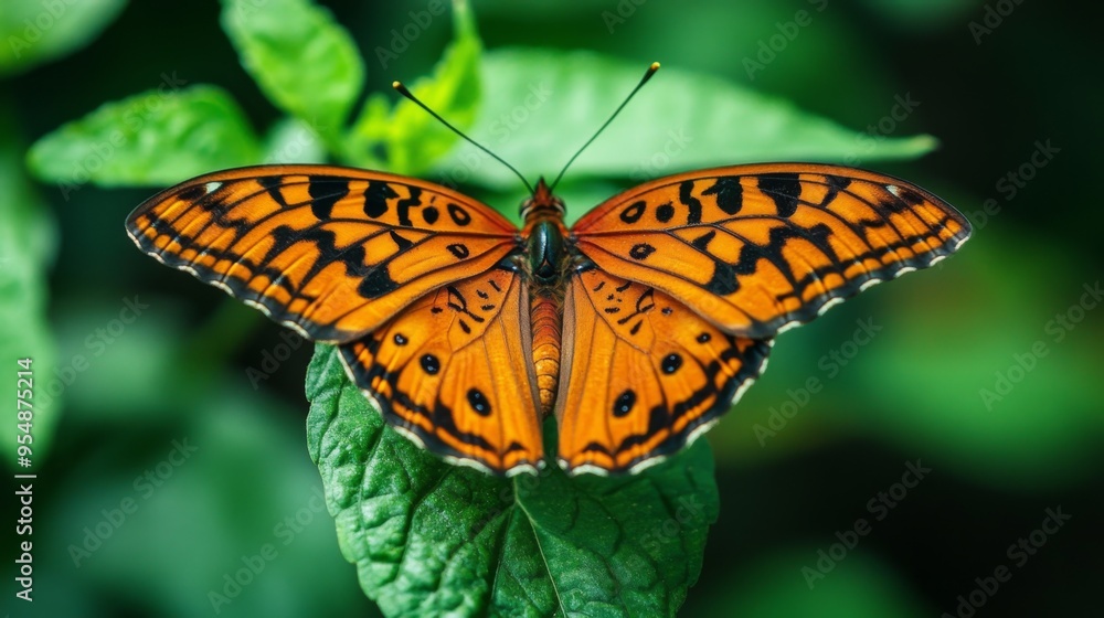 Poster a close-up of a butterfly perched on a leaf, with its delicate wings spread and vibrant patterns con