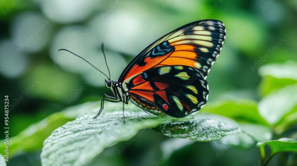 Poster a close-up of a butterfly perched on a leaf, with its delicate wings spread and vibrant patterns con
