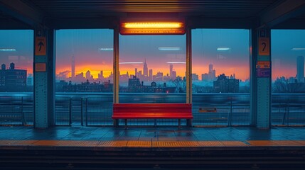 Fototapeta premium Subway Station with Cityscape View at Sunset