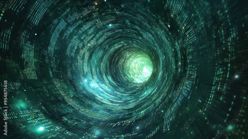 Aufkleber abstract digital tunnel with green light and data stream - futuristic technology background.