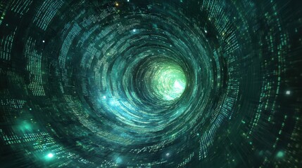 Obraz premium Abstract Digital Tunnel with Green Light and Data Stream - Futuristic Technology Background.