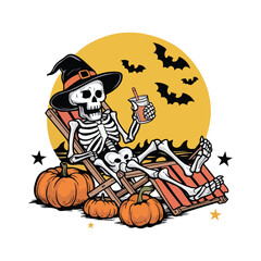 Halloween skeleton is on a beach chaie  