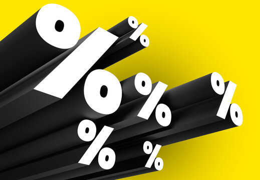 3d extrude percent sign on empty yellow background promotion template slide