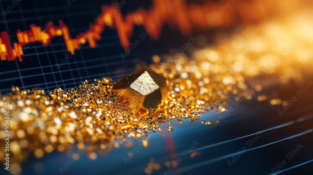 Poster a close-up of a gold price chart on a computer monitor, with a sharp upward spike highlighted, symbo