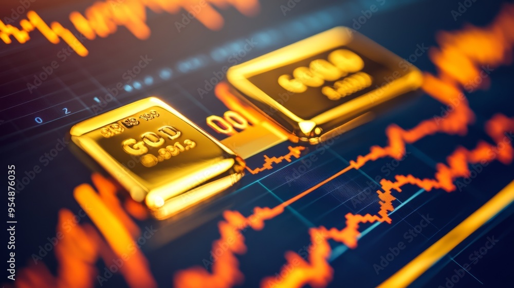 Aufkleber A close-up of a gold price chart on a computer monitor, with a sharp upward spike highlighted, symbolizing market gains.
