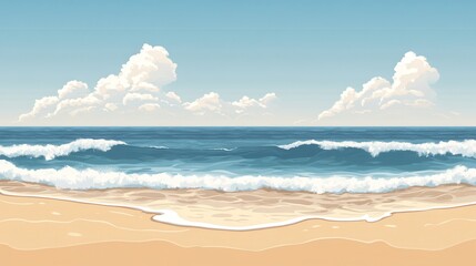 Beautiful Summer Beach Scene with Blue Sky, White Clouds, Ocean Waves, and Sandy Beach.