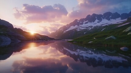 serene mountain landscape with sun rays on snow-capped peaks high-resolution calm lake