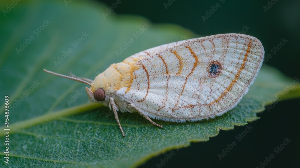 Poster A close-up of a leaf with a moth resting on it, with its soft, muted colors and patterns blending harmoniously with the leaf surface.