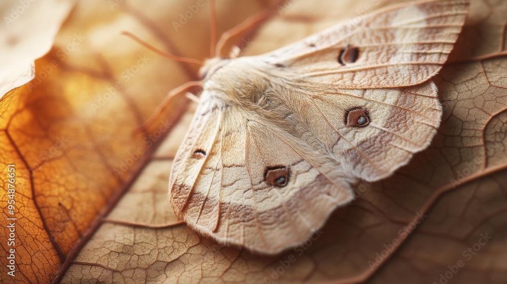 Poster A close-up of a leaf with a moth resting on it, with its soft, muted colors and patterns blending harmoniously with the leaf surface.