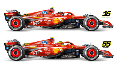 Obraz premium Monza, Italy, september 1 2024, Ferrari SF-24 formula 1, Charles Leclerc number 16 and Carlos Sainz number 55, 2024 F1 world championship, illustration