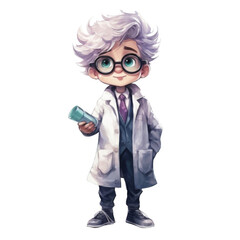 A young boy with white hair, wearing glasses and a lab coat, holding a blue cup