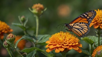 Obraz premium Side view of monarch butterfly on orange flower