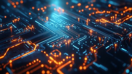 Obraz premium Abstract Circuit Board with Glowing Blue and Orange Lines - Technology Background