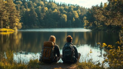 Obraz premium Two hikers sitting by a tranquil lake surrounded by forest at dawn