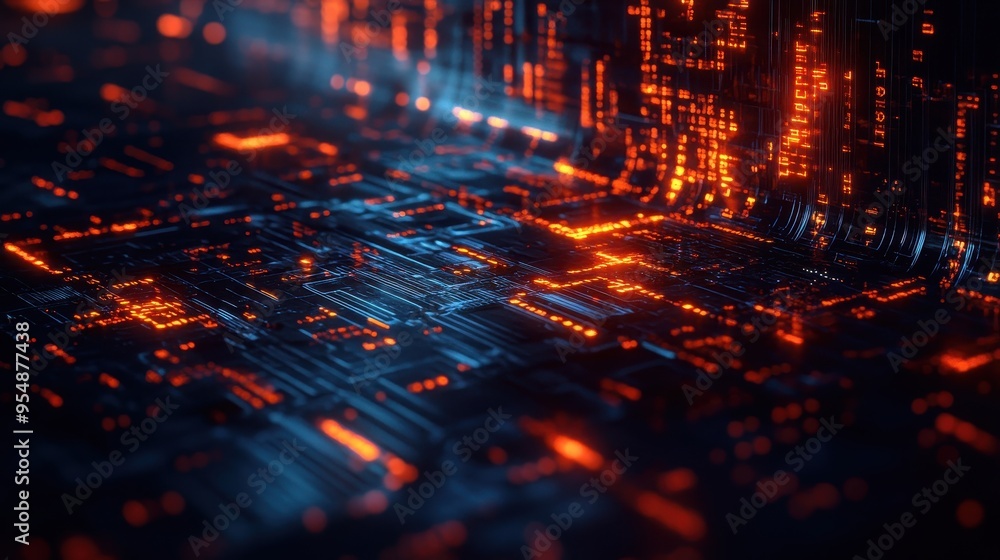 Poster abstract technology background with orange glowing lines and circuit board pattern.