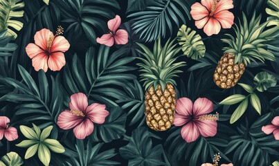 Tropical hand-drawn pattern featuring palm leaves, hibiscus flowers, pineapples, and various exotic plants on a dark background.