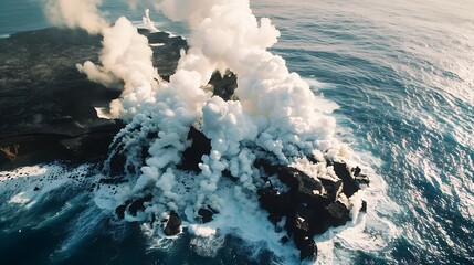 Spectacular aerial view of a lava explosion creating a new island in the middle of the ocean with plumes of smoke and steam rising from the boiling water