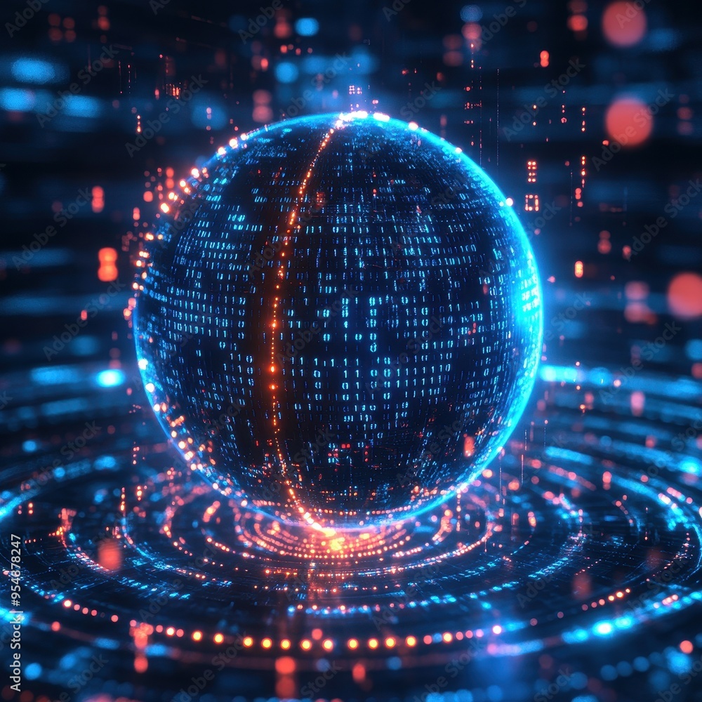 Poster futuristic digital sphere with binary code and neon lights.