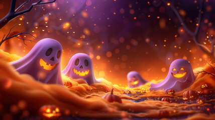 Naklejka premium Halloween Banner with Smiling Ghosts and Pumpkin