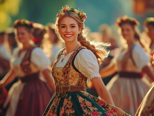 Group of women twirling in their, skirts flaring out, capturing the playful spirit of Oktoberfest