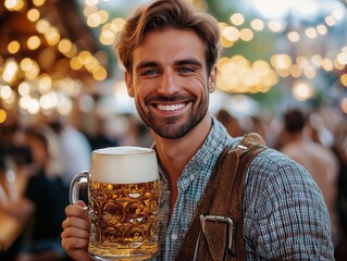 Man proudly wearing lederhosen, posing with a large beer mug at an Oktoberfest event, festive and confident