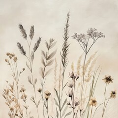 Watercolor Painting of Delicate Dried Flowers and Plants on Beige Background.