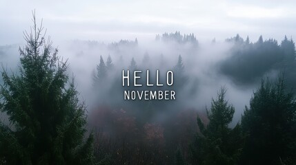 "HELLO NOVEMBER" in bold, block letters with a background of a misty forest