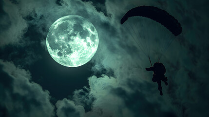 Fototapeta premium A skydiver silhouetted against a moonlit night sky creating a dramatic and eerie scene.