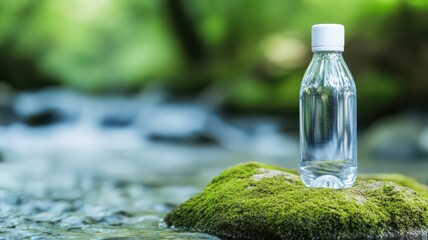 A reusable water bottle on a moss-covered rock by a clear stream, eco-friendly product, sustainable hydration