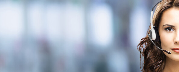 Call center help line service ad concept - half face portrait customer support sale operator in...