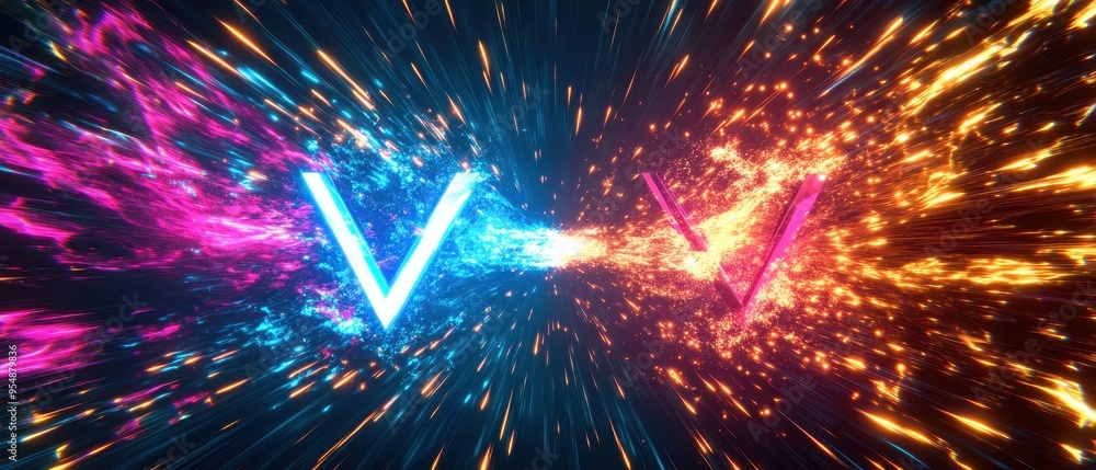 Poster abstract neon v-shaped collision with exploding sparks and glowing lines