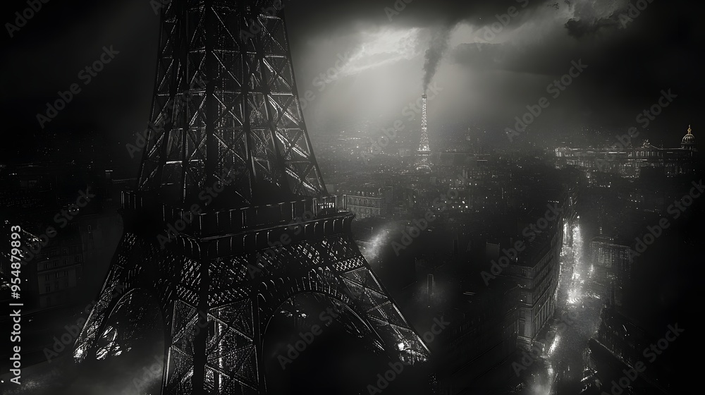 Poster 168. **visualize the eiffel tower with its intricate iron latticework illuminated against the dark p