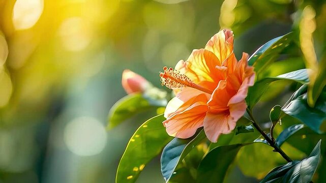 a peach flower  and  green leaves