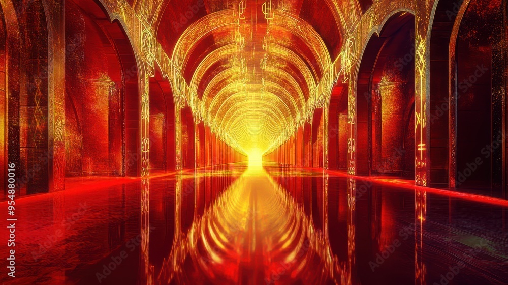 Poster glowing red and gold archway tunnel with abstract patterns and reflections