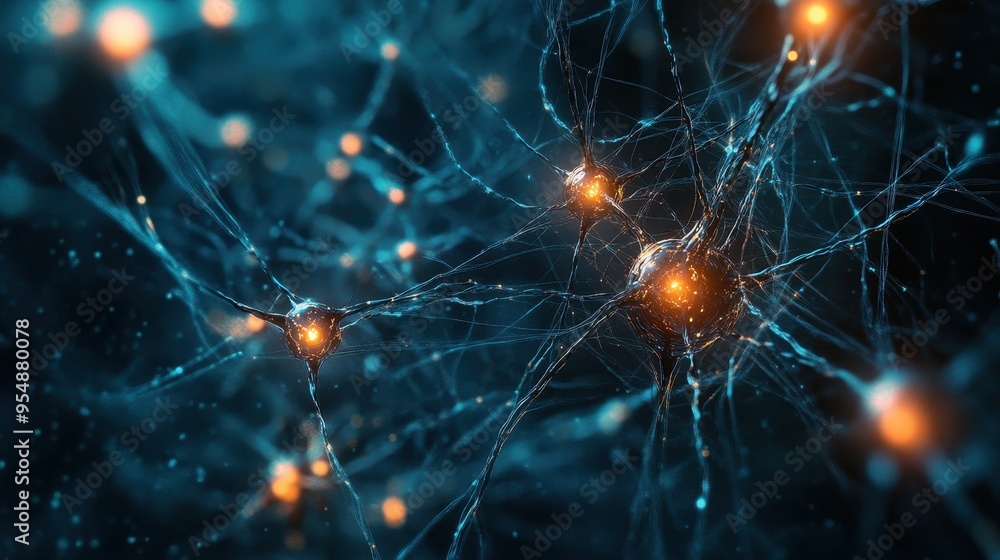 Poster microscopic view of neuron network with glowing synapses - 3d illustration.