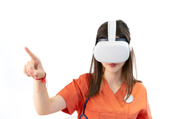 Female doctor using virtual reality headset on white background.
