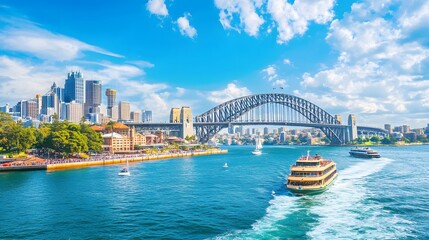 Obraz premium 169. **Depict the Sydney Harbour Bridge with a vibrant day sky and the cityscape in the background.**
