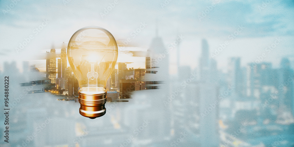 Poster creative glowing light bulb on abstract weathered city background with mock up place. innovation, id