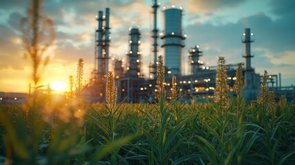 Obraz premium Industrial refinery surrounded by lush green plants at sunset