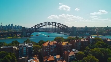 169. **Depict the Sydney Harbour Bridge with a vibrant day sky and the cityscape in the background.**