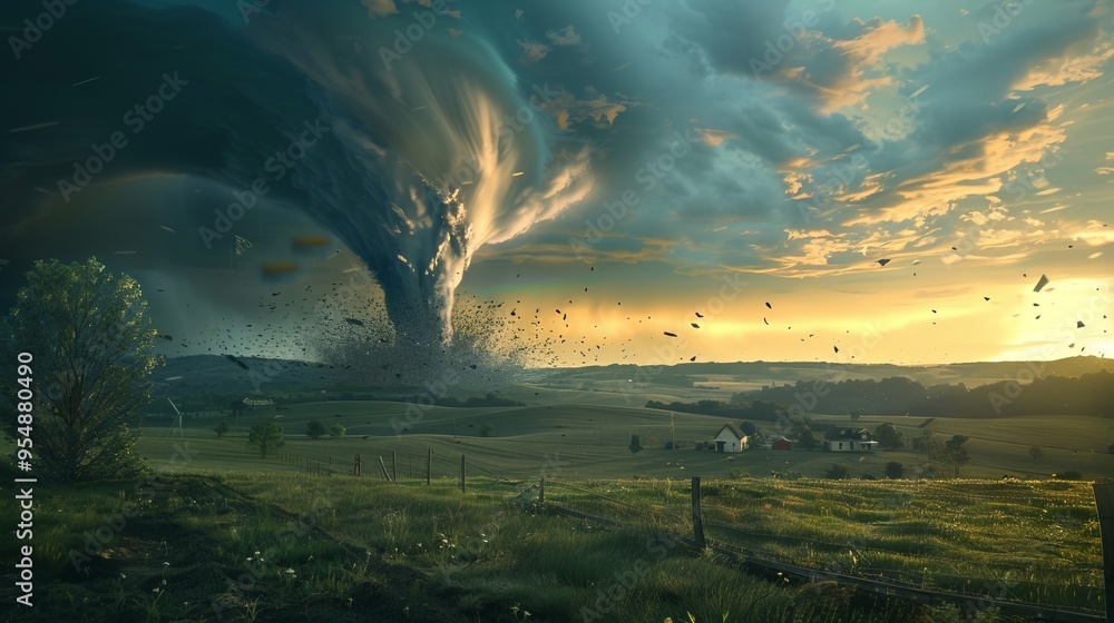 Poster a large tornado is blowing through a field with a house in the distance