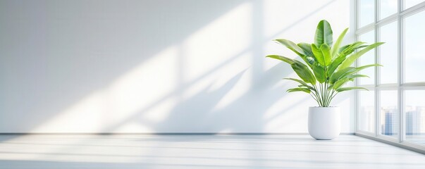 Modern eco-friendly office with large windows, plants, and natural light, carbon-neutral workspace, sustainable design
