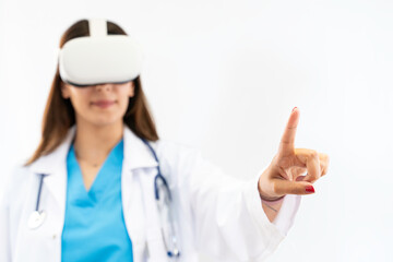 Female doctor using virtual reality headset on white background.