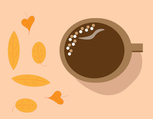 
coffee cup autumn leaves on beige background , 