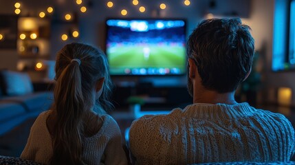 Fototapeta premium Couple watching soccer match on TV in cozy living room
