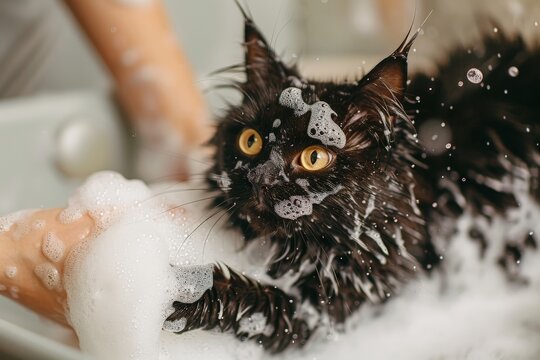 Cute black fluffy cat in a bath with bubbles and gentle grooming