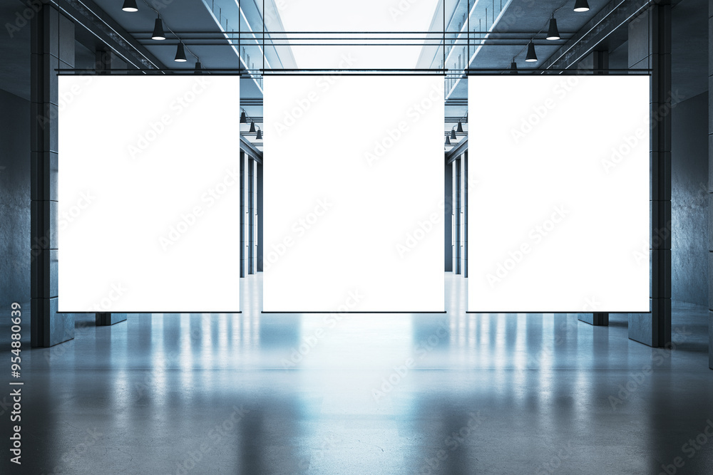 Poster modern office corridor with reflections and empty white mock up frames. 3d rendering.