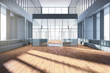 Modern two floors and glass partitions empty office interior with panoramic windows and city view, wooden flooring and sunlight. 3D Rendering.