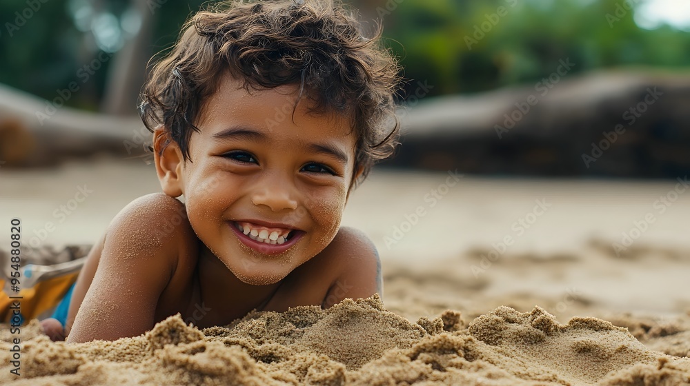 Poster closeup of a young child with a joyful expression smiling and playing with the soft textured sand at