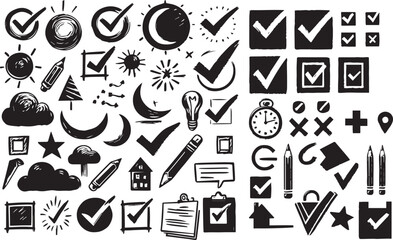 Doodle chalk check mark set. Black charcoal pencil check boxes, sketch checklist icons, tick cross signs. Crayon grunge checkmark elements. Hand drawn checkbox vote marks, correct or incorrect symbols